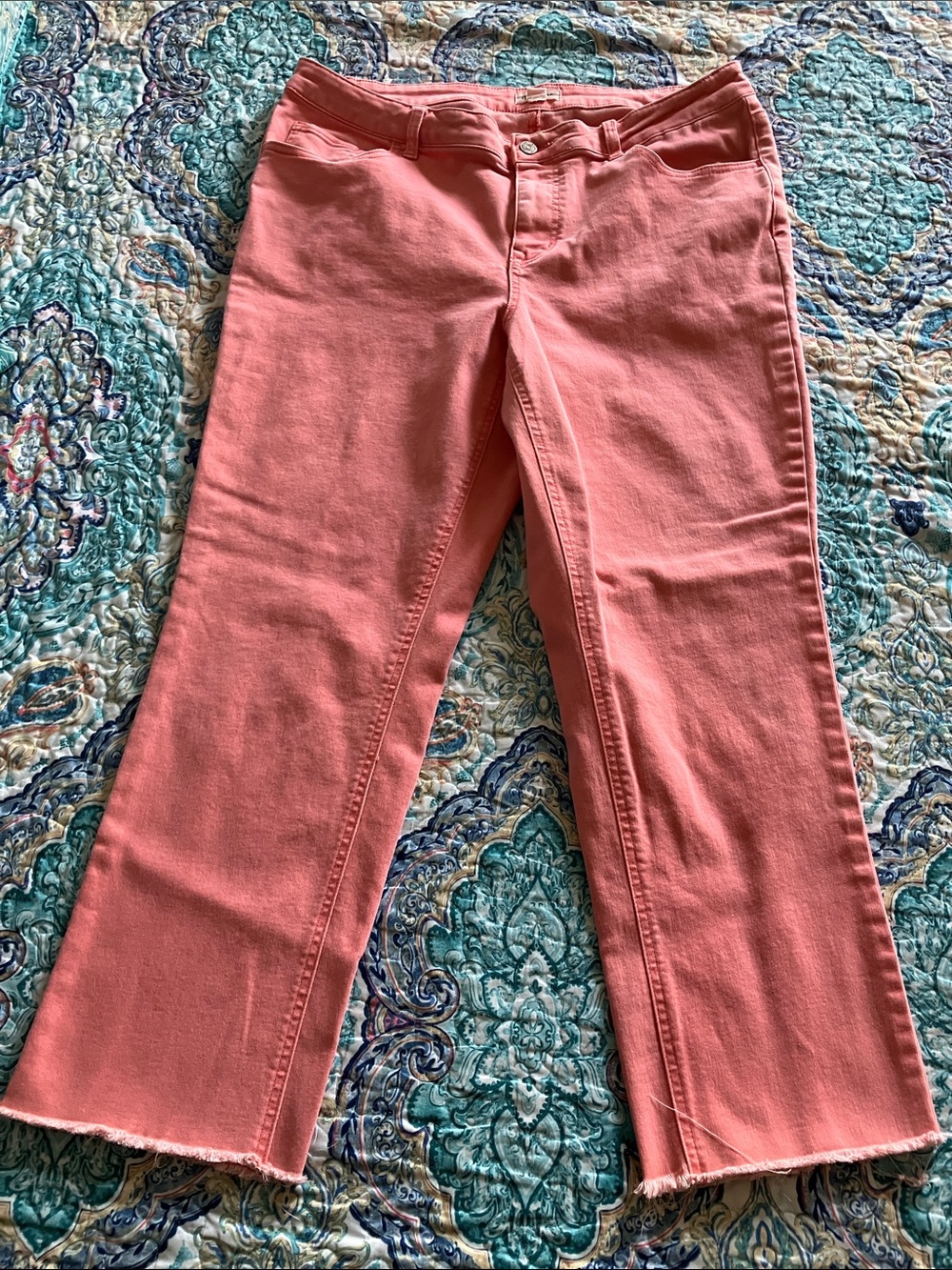 Maurices Coral Pink Cropped Jeans with Frayed Ankles